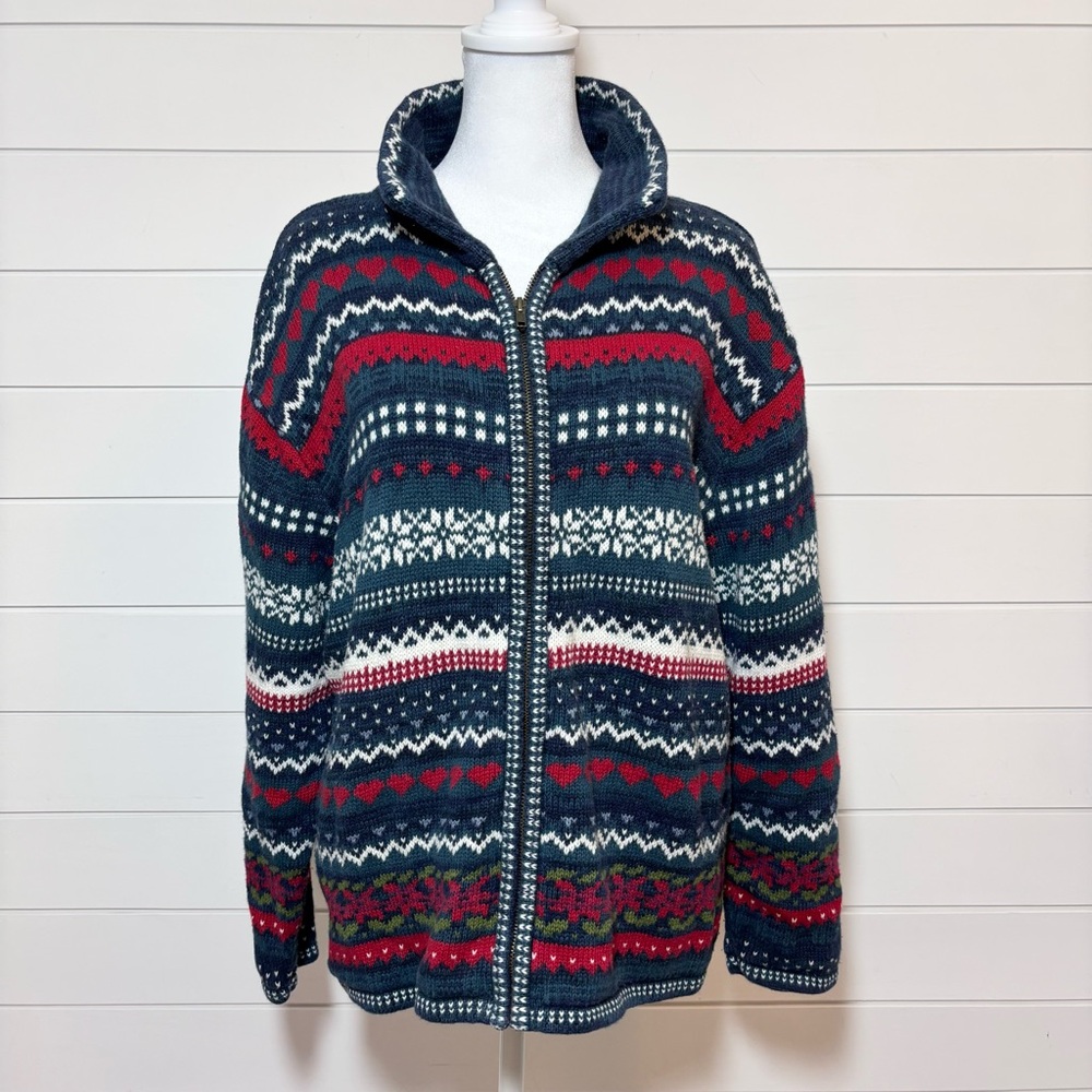 Tiara international vintage Y2K‎ stripes hearts snowflake zip up knit sweater XL
